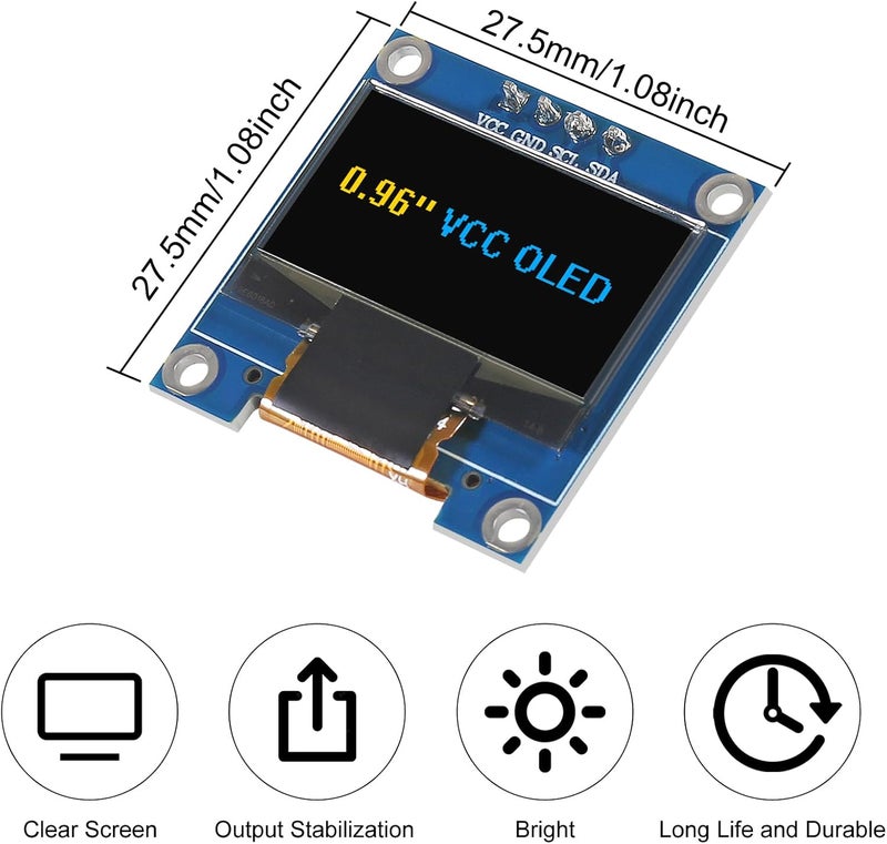 XIITIA 6pcs 0.96 inch OLED IIC I2C Display Module SSD1306 128x64 LCD Screen Driver with 30pin Dupont Cables for Arduino Projects(Yellow Blue/VCC Screen) - Image 4